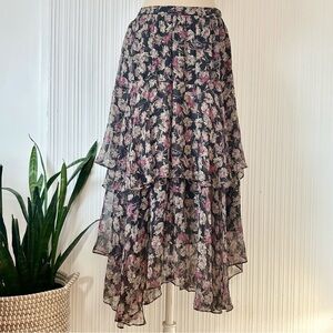LoveShackFancy Alex Silk Black and Pink Floral Tiered Midi Skirt/Lined
